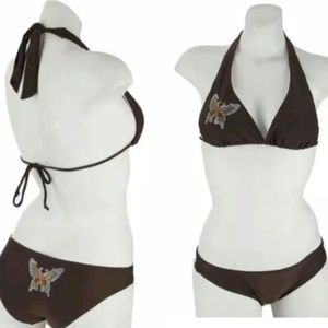 Halter Butterfly Brown Bikini Size Large NWT
